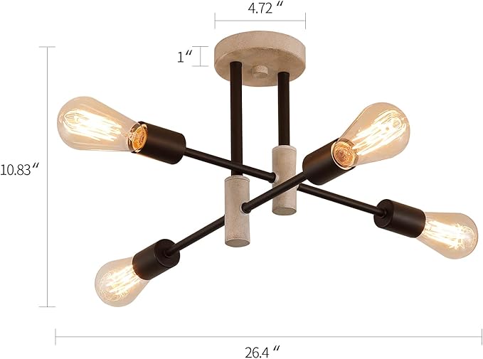 Farmhouse Ceiling Light Fixtures,Oak+Black,4-Lights Rustic Vintage Metal Sputnik Chandelier for Bedroom Living Room Dining Room Kitchen Entryway Hallway Office UL Listed