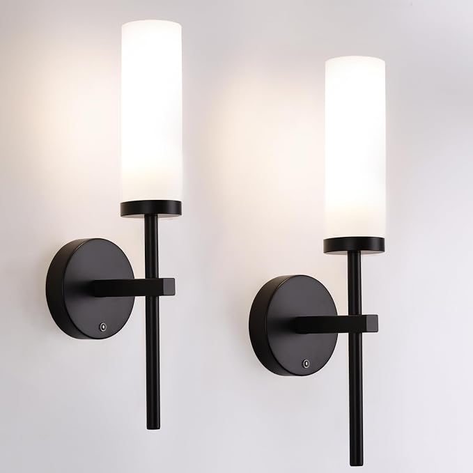 Shenmoyl Battery Operated Wall Sconces Set of 2, Black Rechargeable Wall Lighting Fixtures, Dimmable Wall Lights with Remote & Opal Glass Shade for Living Room, Bathroom,Bedroom