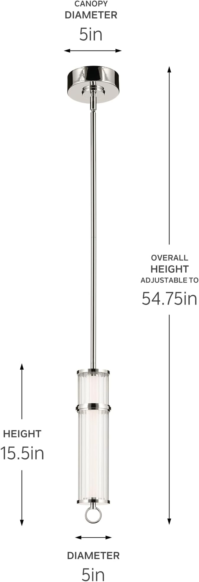 Kichler Riven LED 1-Light Pendant with Clear Fluted Glass in Polished Nickel, Sloped Ceiling Compatible, for Kitchen or Dining Room (15.5" x 5"), 52755PNLED