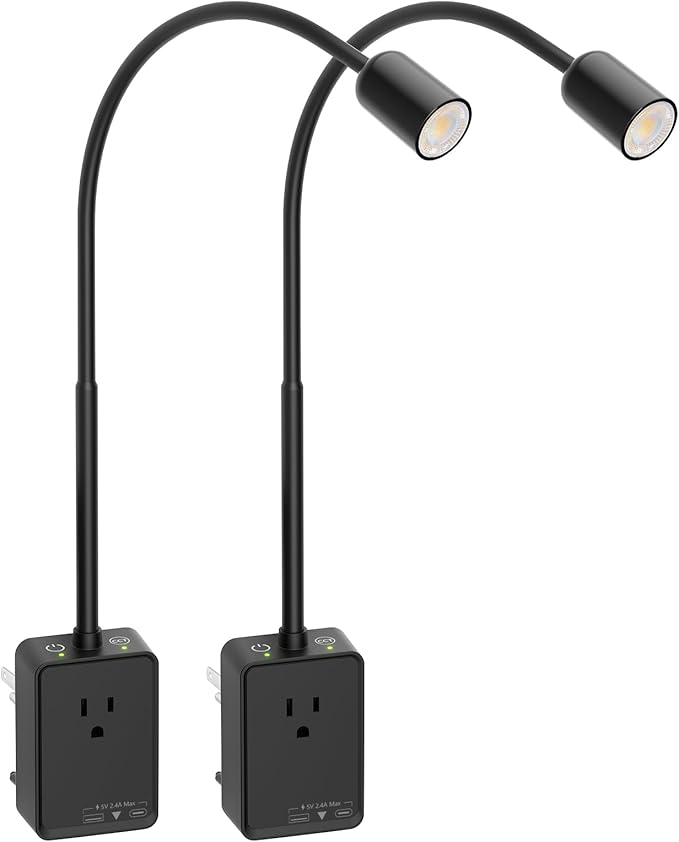 Plug in LED Spot Wall Reading Lights, 2 Pack Black Flexible LED Wall Lamps with Power Plug, Outlet Extender, Touch Dimmable Switch, 3 Color Temperature Modes, USB Output Charging Ports