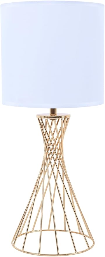 Gold Table Lamp, Small Cute Gold Desk Lamp, Nightstand Lamp, Modern Bedside Lamp with White Fabric Shade, Metal Geometric Hollow Out Base Lamps for Living Room Bedrooms Kids Room