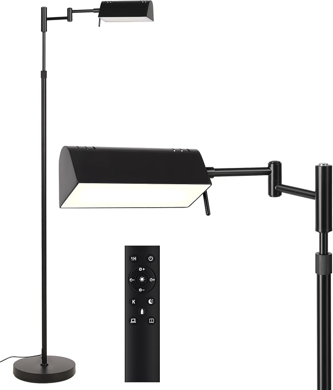SUNMORY Dimmable LED Pharmacy Floor Lamps, 16W/1500LM Bright Reading Lamp | Remote Touch Control, 350°Swing Arm, Adjustable Height, Task Craft Tall Standing Light for Living Room Bedroom Office, Black