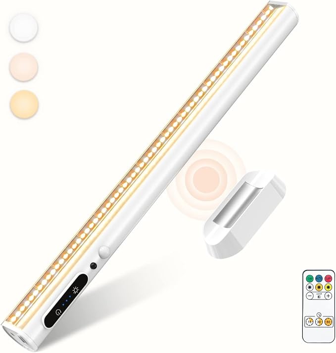 Battery Powered Operated Wall Strip Light with Motion Sensor | LED Light Bar, Rechargeable Magnetic Under Cabinet Lighting Wireless with Remote Control for Desk Mirror Closet White