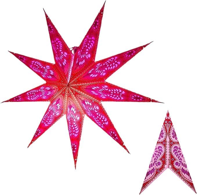 Lantern Lampshade 9 Pointed Paper Star Light Shades Large 60cm Star Hanging Decorations for Christmas Wedding Home Decoration Birthday Party (Glitter Red Pink)