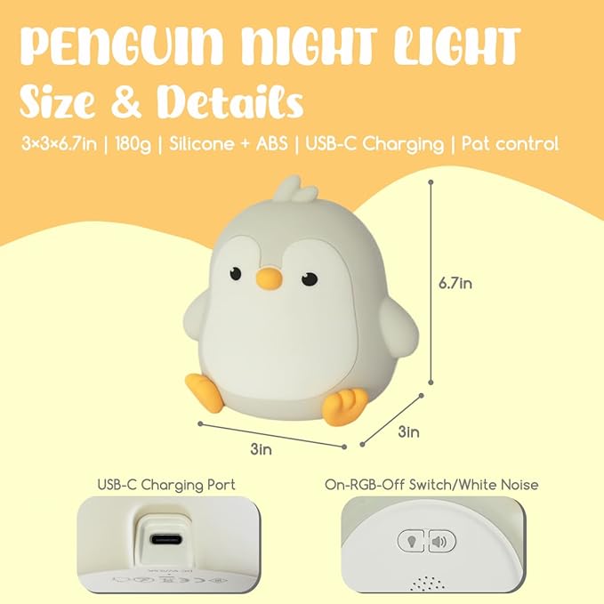 Cute Penguin Night Light for Kids, 3 Adjustable Brightness Levels & 6 White Noise Sounds,Rechargeable Variable Color Penguin lamp Gifts,Cute Room Decor Night Light for Kids Girls Boys