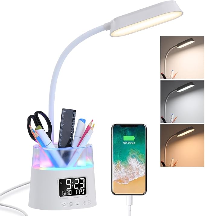 WILIT LED Desk Lamps for Home Office with Pen Holder, Table Lamp for Bedroom with USB Charging Port & Clock, RGB Night Light, Study Lamp for Kids Girls, Desk Light for College Dorm Room Essentials