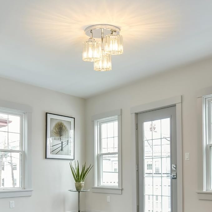 Lxybcce Crystal Ceiling Light Fixture, Chrome Semi Flush Mount Ceiling Light Fixture, 3-Light Hallway Lighting with Clear Crystal Shades for Kitchen Entryway Bedroom Bathroom Foyer, E26