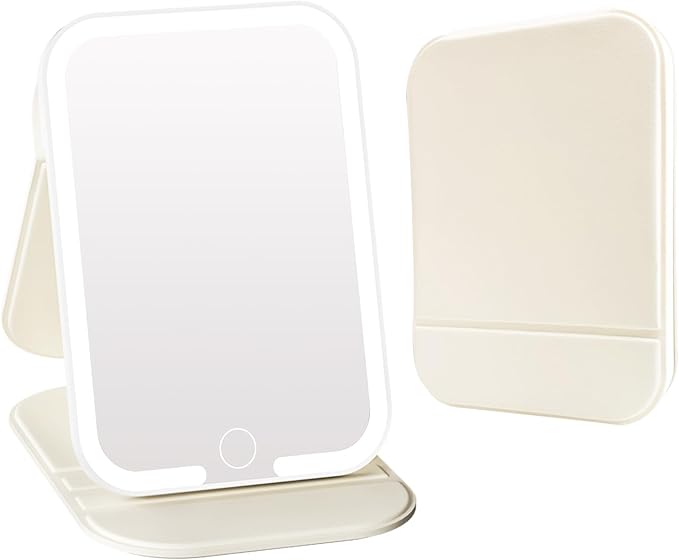 Rechargeable Travel Mirror with Light, LED Makeup Mirror with Lights, Portable Vanity Mirror with 3 Color Lighting, Touch Dimmable Lighted Cosmetic Mirror, Travel Essentials for Women (Beige)