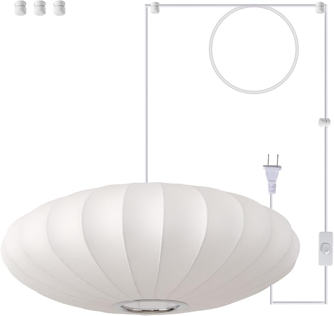 23.6in Plug in Pendant Light Lantern, Large White Silk 3-Light | Plug in Hanging Lamp Wabi Sabi Japanese Bubble Saucer Pendant Chandelier for Living Dinning Room Kitchen Island Bedroom 1PK