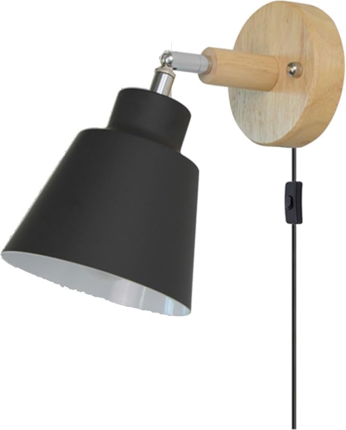 Nordic Minimalist Rotation Wall Lamp Wood Metal Plug in Wall Sconces W/ Switch Wall Mounted Lighting Fixture for Kids Bedroom Bedside Reading Living Room Corridor Hotel ( Color : Black , Size : 12cm*1