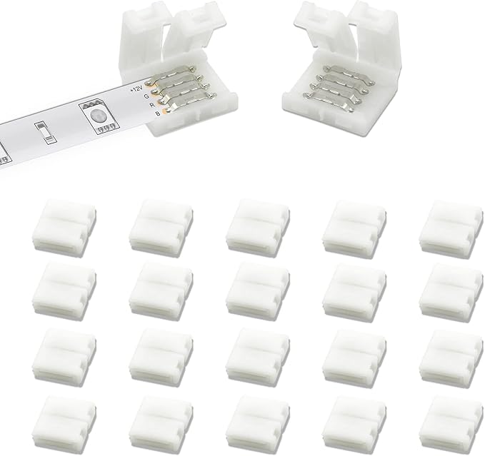 DAYBETTER 20 Pcs 4 Pin Led Light Connectors, 10mm Wide Led Connectors Unwired Gapless Solderless Adapter Clips for SMD 5050 RGB Multicolor Strip Lights, Strip Connectors for DIY