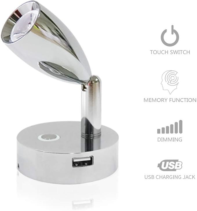 THALASSA RV 12V RV Reading Light with USB Port & Touch Dimmer Switch with Blue Night Light Mode, Polished Chrome Wall Sconce for 10V-30V System of Caravan Motorhome Trailer Camper Van