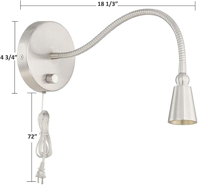HomeFocus - LED Wall Lamp, Bedside Reading Light, Dimmable 3 Modes, Eye-Caring, Wall Sconces, 5W 3000K Warm White, Flexible Gooseneck, Metal, Satin Nickel
