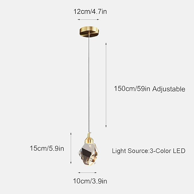 Modern Crystal Pendant Light, 3-Color LED Crystal Pendant Light, Adjustable Height Gold Ceiling Hanging Pendant Lamp, for Kitchen Island Bedroom Dining Room (Gold)