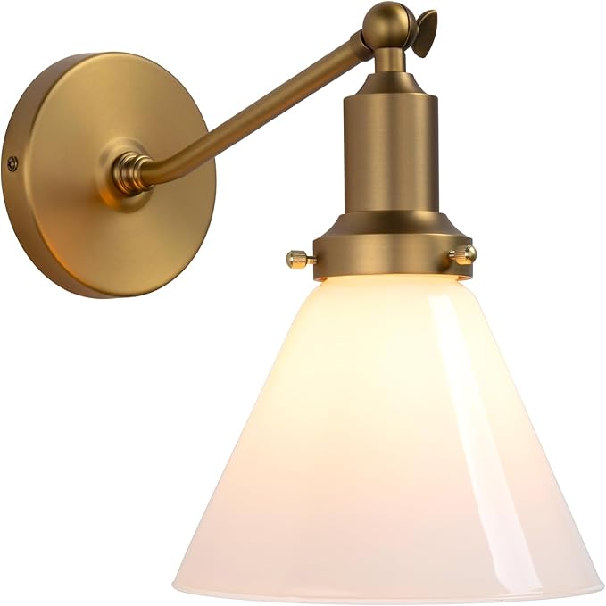 Industrial Vintage Slope Pole Wall Mount Single Sconce with Funnel Flared Milk White Glass Shade Wall Sconce Light Lamp Fixture