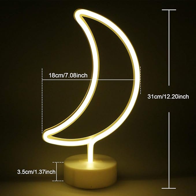 ENUOLI Warm White Moon Shape Led Neon Night Light with Holder Base Moon Neon Sign Lamp Power by Battery&USB Marquee Neon Sign for Home Party Birthday Bedroom Table Decoration Children Gifts