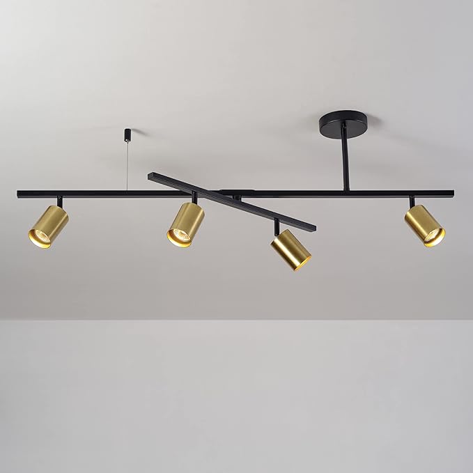 Globe Electric 4-Light Track Lighting, Matte Black, Matte Brass Heads, Center Swivel Bar, Dimmable, 57501