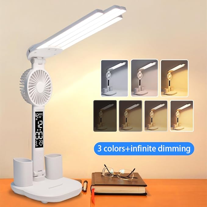6-in-1 Led Desk Lamp Adjustable Foldable Table Lamp with Fan, Clock, Dates, Temperature, Pen Holder, 3 Color & Stepless Dimming, Reading Lamp for Study Table Work Office