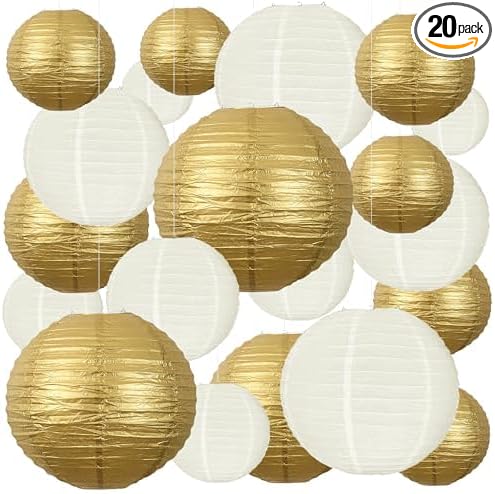 20Pcs Paper Lanterns Decorative, Gold and Ivory 6"8"10" for Home Decor | Round Hanging Paper Lanterns Decorations for Rustic Party Bridal Shower Wedding Engagement Birthday Classroom Ceiling Decor