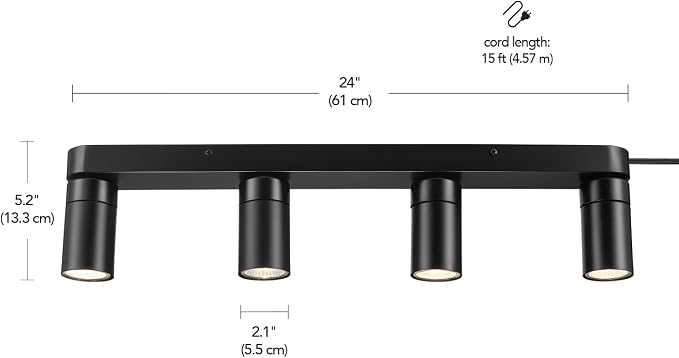 Globe Electric Plug-in Track Lighting, 4-Light Adjustable Track Bar, Matte Black 24-Inch Fixture with 15-Foot Cord, Modern Ceiling Light for Apartments & Rentals