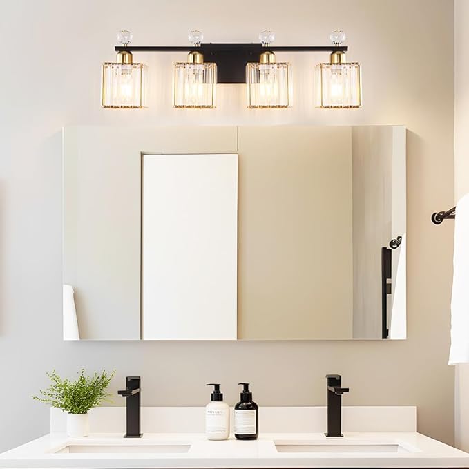 Bathroom Vanity Lights Over Mirror - Easy Installation with Clear Guide, 4-Light Shadow-Free Design, Black and Gold Crystal Finish - for Modern Home Bathroom Lighting Fixtures in DIY Projects
