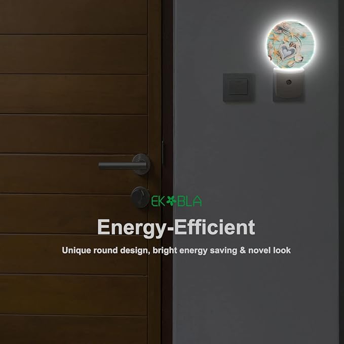 EKOBLA Beach Night Lights Plug into Wall Seashell Starfish on Wooden Board Coastal Led Dusk to Dawn Plug-in Nightlights Auto Sensor for Home Indoor Bathroom Hallway Kitchen