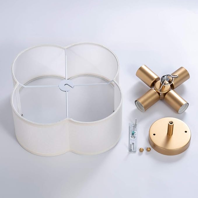VILUXY Modern Flush Mount Ceiling Light Fixture Farmhouse White Fabric Semi Ceiling Lamps with Gold 4 Lights Drum Shade for Bedroom Dining Room Entryway Hallway Nursery