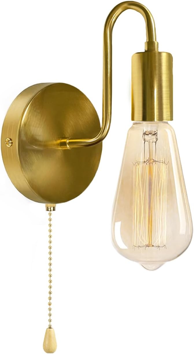 Pull Chain Wall Sconce Gold Small Vintage Wall Light Fixture with Switch Hardwired Retro Metal Sconces Lights E26 for Bedroom Hallway, No Bulb