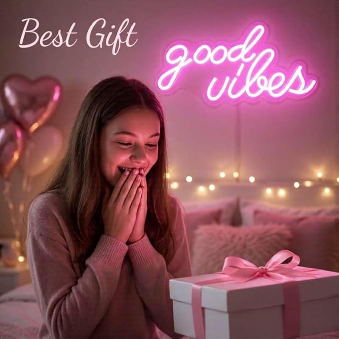 DECANIT Good Vibes Neon Sign Pink, Aesthetic LED Light for Wall Decor, Bedroom, College Dorm, Studio, USB Powered 3D Night Lamp for Birthday Gift, Party Background, 16.1x8.3 Inch