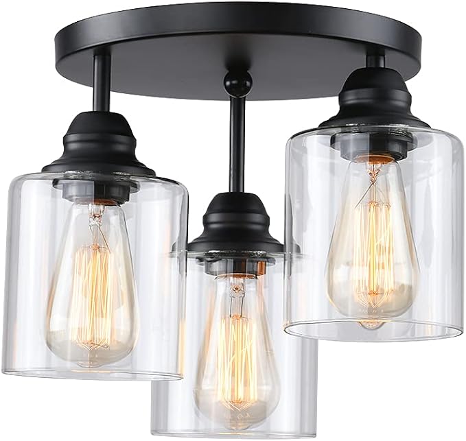 3-Lights Industrial Semi Flush Mount Ceiling Light, Vintage Light Fixture with Clear Seeded Glass Shade