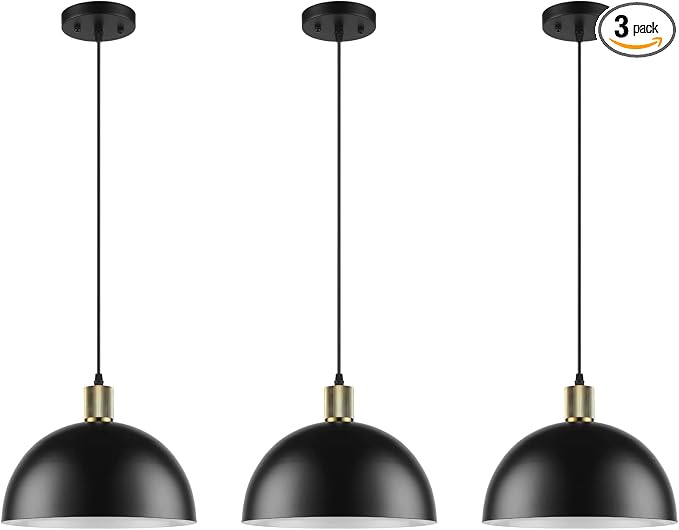 Black Pendant Lights Kitchen Island 3 Pack, 11.8" Modern Black and Gold Pendant Light Fixtures Dome Farmhouse Hanging Lights for Sink Dining Room Hallway Entryway