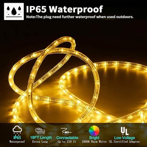 Vigdur LED Rope Lights Outdoor, 18FT 216 LEDs Warm White Rope Lights | Connectable And Flexible Clear Tube, IP65 Waterproof, Christmas Rope Lights for Patios Gardens Parties And Christmas Décor