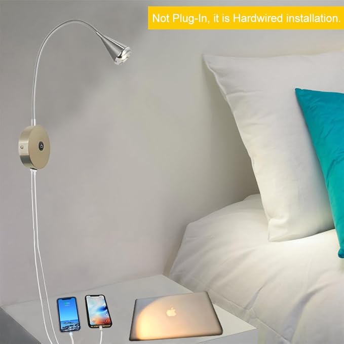HomeFocus - LED Wall Light, Bedside Reading Light, Eye-Caring Wall Lamp with Dual USB Charging Ports, Dimmable 3 Modes, Wall Sconces, 5W 3000K Warm White, Flexible Gooseneck, Metal, Satin Nickel