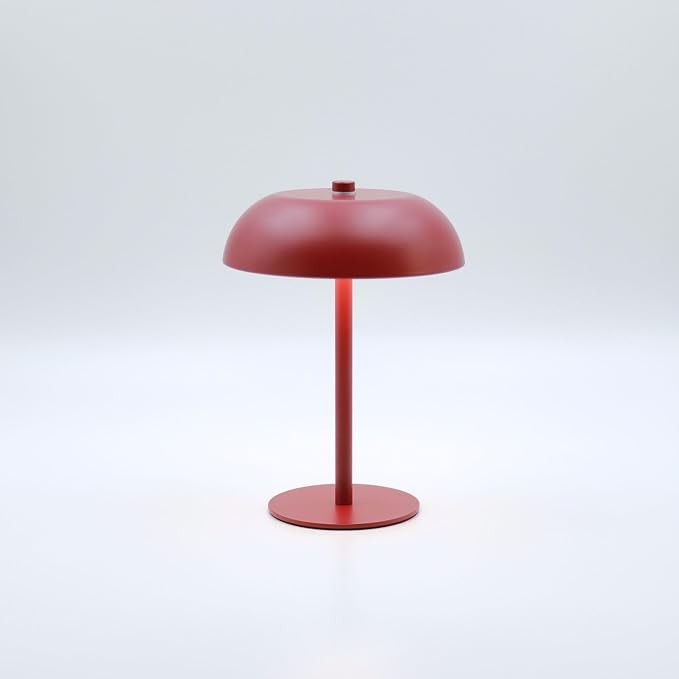 Cordless LED Mushroom Table Lamp, 5200mAh Battery, Dimmable 3 Color, Red | Small, 8.46in, Portable, Easy to Assemble, Metal structure, Rechargeable, Suitable for bedroom, café, and bar counter.