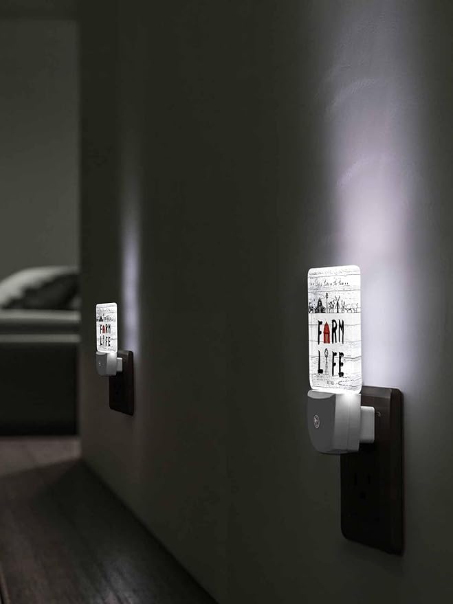 Vintage Night Lights Plug into Wall LED Night Light Farmhouse Chicken Pig Barn Wood Grain Automatic Dimmable Dusk-to-Dawn Square Shaped Smart Nightlight for Bathroom/Bedroom
