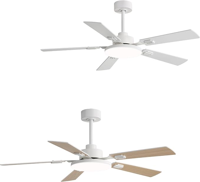 Conciseer 52 Inch Ceiling Fans with Lights and Remote for Bedroom Living Room Kitchen Office, Indoor/Outdoor Use, 6CCT Dimmable, 5 Blades 6 Speed Reversible Quiet DC Motor, White/Wood Grain, 2 Pack
