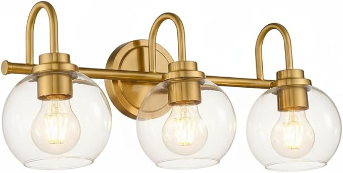Gold Vanity Light, 3 Light Bathroom Light Fixtures, Modern Bathroom Vanity Lights Fixtures Over Mirror with Clear Glass Globe Shade, Gold Wall Sconces for for Mirror Bathroom Hallway (E26 Base)