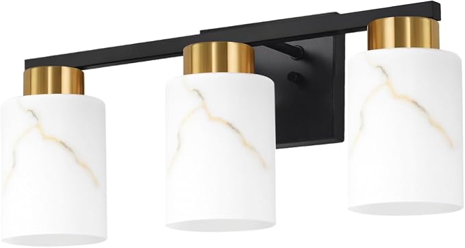 3-Light Bathroom Light Fixtures, Modern Vanity Lights, Black and Gold Metal Wall Lamp with White Marble Glass for Bathroom, Mirror, Living Room, Bedroom, Cabinet, Porch, Hallway, E26 Base