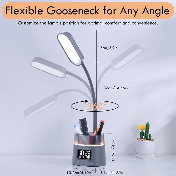 WILIT LED Desk Lamp for College Dorm Room Essentials, Students Study Lamp with USB Charging Port, Pen Holder, Clock & RGB Night Light, Office Desk Accessories, Table Lamp for Bedroom - Gray