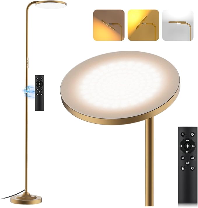 36W LED Floor Lamp, Super Bright Standing Lamp, Modern Stepless Dimmable Torchiere Tall Lamp with Remote Control, 350°Rotating Head Reading Floor Lamp for Living Room, Bedroom, Office