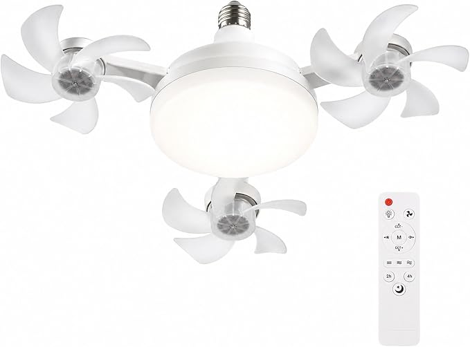 Socket Fan Light, Screw in Ceiling Fan with Remote, Light Socket Fan with LED Light, 3 Speeds, 3 Color Temperatures, Foldable E27 Fan Light for Bedroom Kitchen Garage (3 Head)