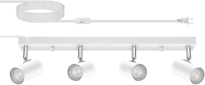 4 Light Track Lighting Kit,White 4 Way Modern Plug in Ceiling Spotlight,Industrial LED Wall Light for Kitchen Cabinet Gallery Bar Hallway Living Room,Rocker Switch,15 Foot Cord(No Bulb)
