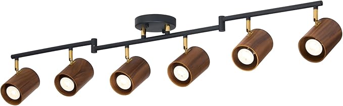 Modern 6-Light Track Lighting, 47 inch, Real Wood Adjustable Light Heads, Brass Accent, Matte Black Ceiling Track Lights for Dining Room, Living Room, Kitchen