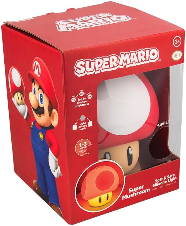 Paladone Super Mario Super Mushroom SquishyGlo Light – Rechargeable Silicone Night Light with 3 Brightness Levels, Official Nintendo Lamp