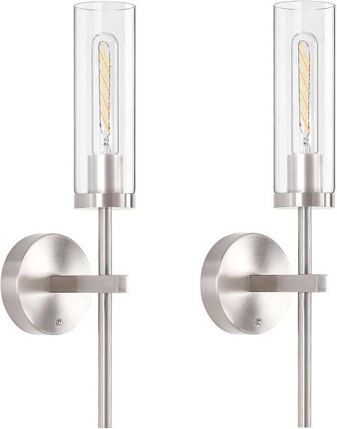 Shenmoyl Battery Operated Wall Sconces Set of 2, Nickel Rechargeable Wall Lighting Fixtures, Dimmable Wall Lights with Remote & Clear Glass Shade for Living Room, Bathroom,Bedroom