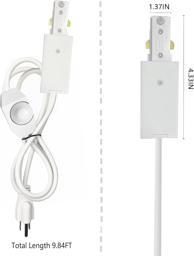 White Track Lighting Live End Cord with Inline Dimmer Switch, 9.84FT H Track Live End Feed Connector, Suitable for H Type Single Circuit 3-Wire-1 Track Lighting Systems