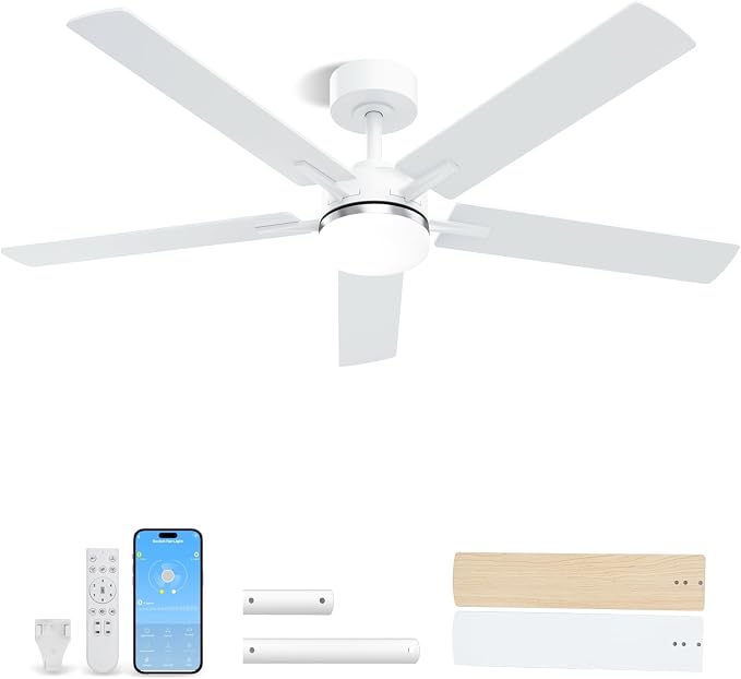 LANMEL Metal Ceiling Fan with Lights and Remote, 52 Inch, Silver & White | Modern Low Profile Flush Mount, Reversible, 3CCT Dimmable, Quiet, LED, For Bedroom, Living Room, Indoor/Outdoor Patio Use