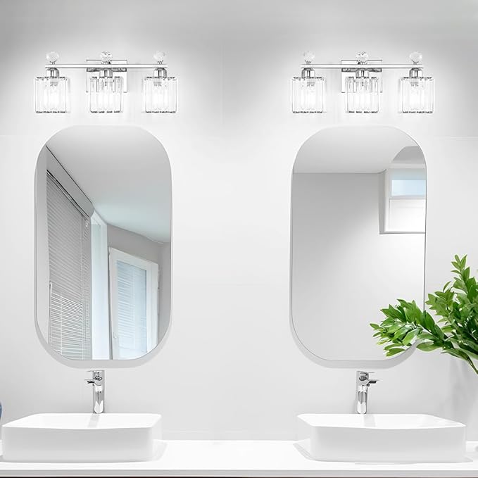 18.8 Inch Bathroom Vanity Light with Clear Crystal Shades, 3-Light Chrome Modern Fixture for Mirror, Easy Installation & Dimmable Lighting, Shadow-Free Illumination for Bathroom Mirror Decor