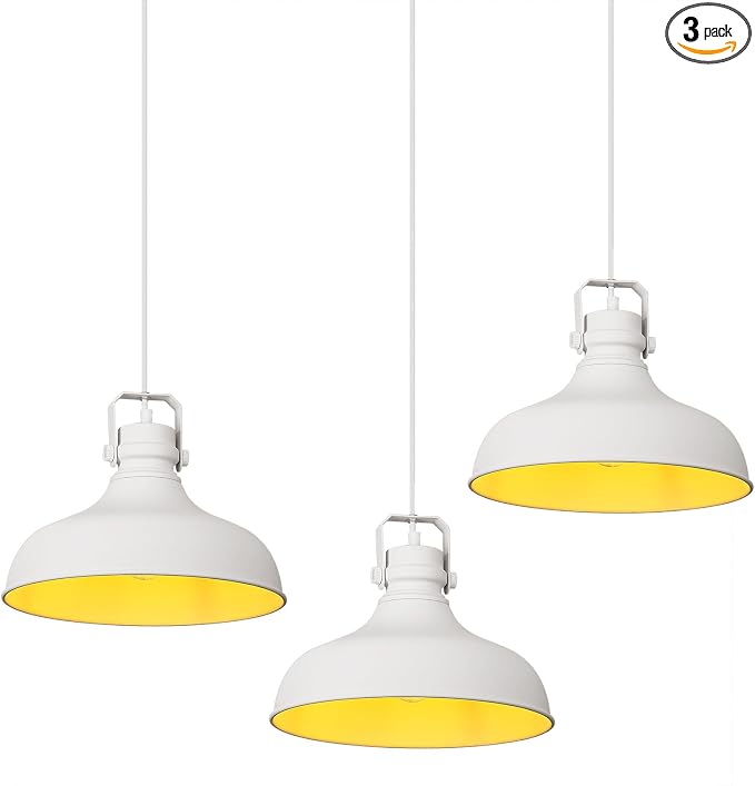 White Modern Pendant Lights Kitchen Island Fixtures | ETL Certificate,Industrial Adjustable Height Vintage Dome Hanging Light Fixtures for Barn,Dining Room 3 Pack