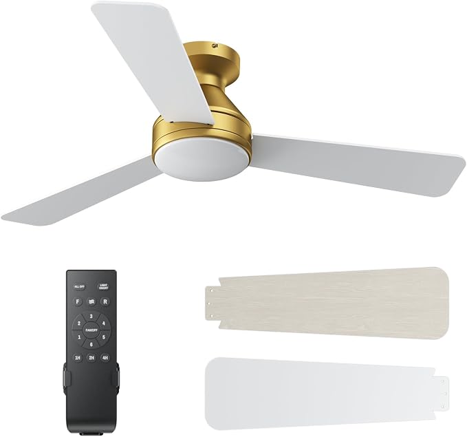 42 Inch Ceiling Fans with Lights And Remote, 3CCT/Flush Moun/6 Speed/Golden | Flush Mount Low Profile Ceiling Fan, 6 Speed Noiseless LED Ceiling Fan, White And Gold Ceiling Fan for Bedroom Living Room